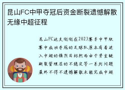 昆山FC中甲夺冠后资金断裂遗憾解散无缘中超征程